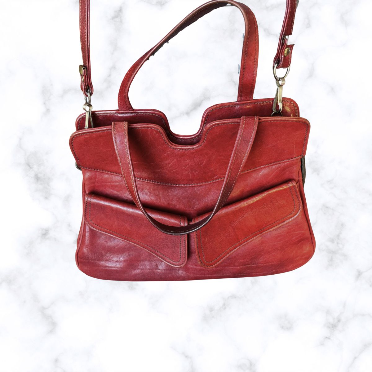 70s Dark Red Leather Vintage Shoulder / Top Handle Bag with Detachable Strap