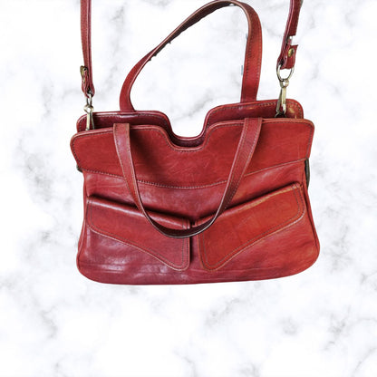 70s Dark Red Leather Vintage Shoulder / Top Handle Bag with Detachable Strap