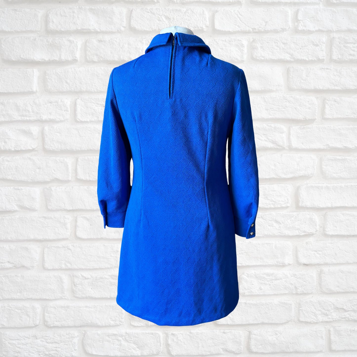 Vintage 1960s Long Sleeves Bright Blue Mini Dress with Dagger Collar. Approx UK size 12-14