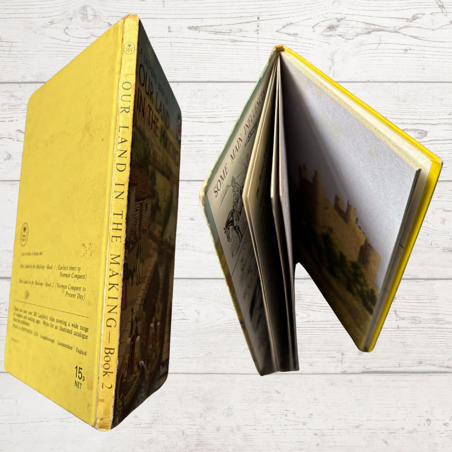 Open book with yellow cover on a wooden surface