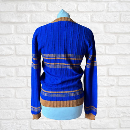 Vintage 70s Blue and Dark Mustard V Neck Jumper.  Approx U.K. size 10-12