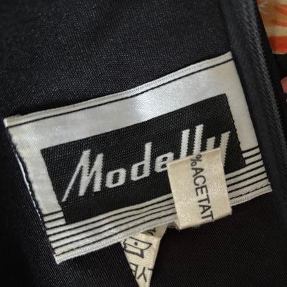 70s Black Fit & Flare Midi Dress with Fruity Floral Print . Approx UK size 10-12