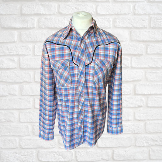 Vintage Checked Western Style Shirt with Black Piping  - Classic Retro Style. Approx UK size S- M ( men) 10-14 ( women)