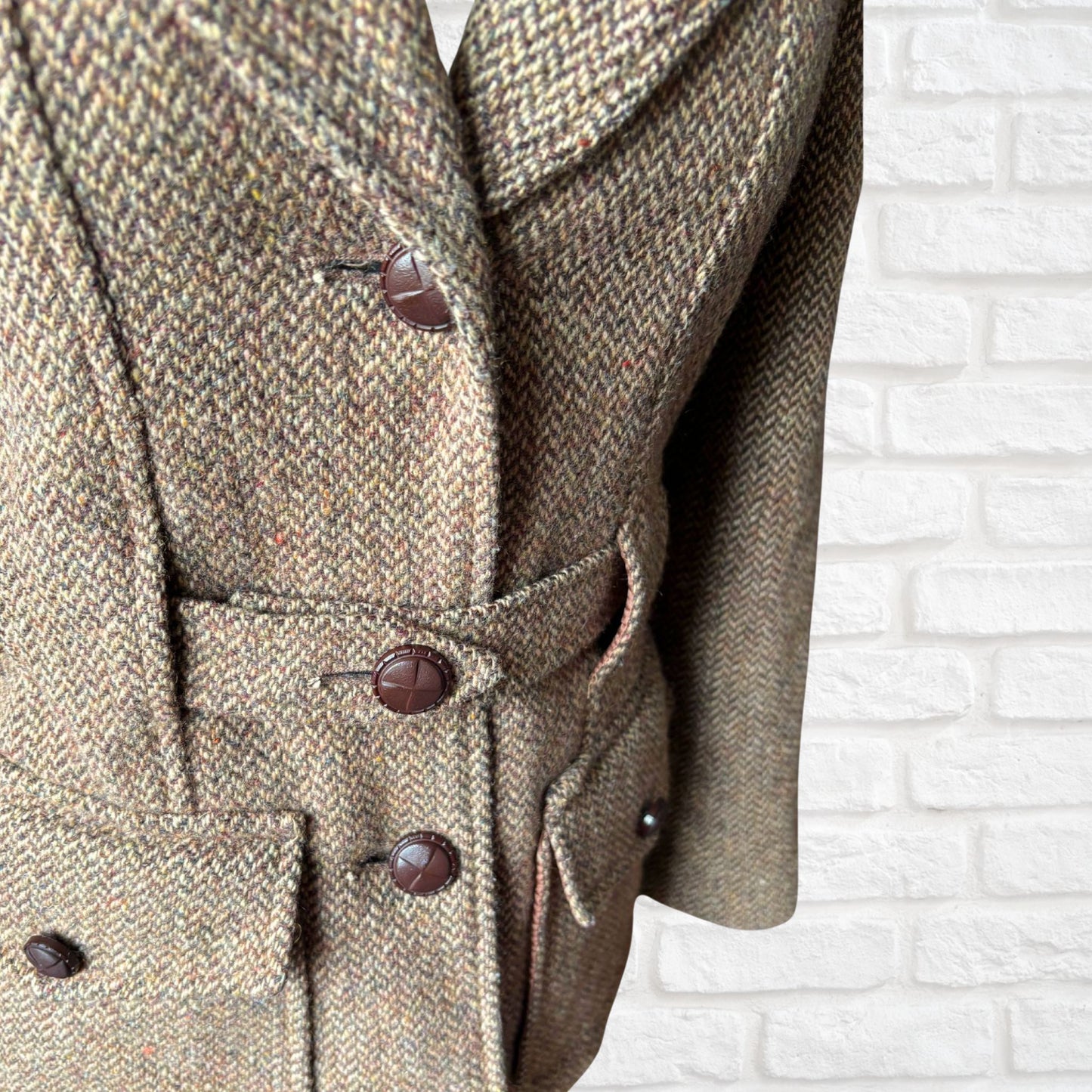 Vintage 70s Wool Tweed Belted Riding Jacket with Corduroy Elbow Patches. Approx UK size 8-10