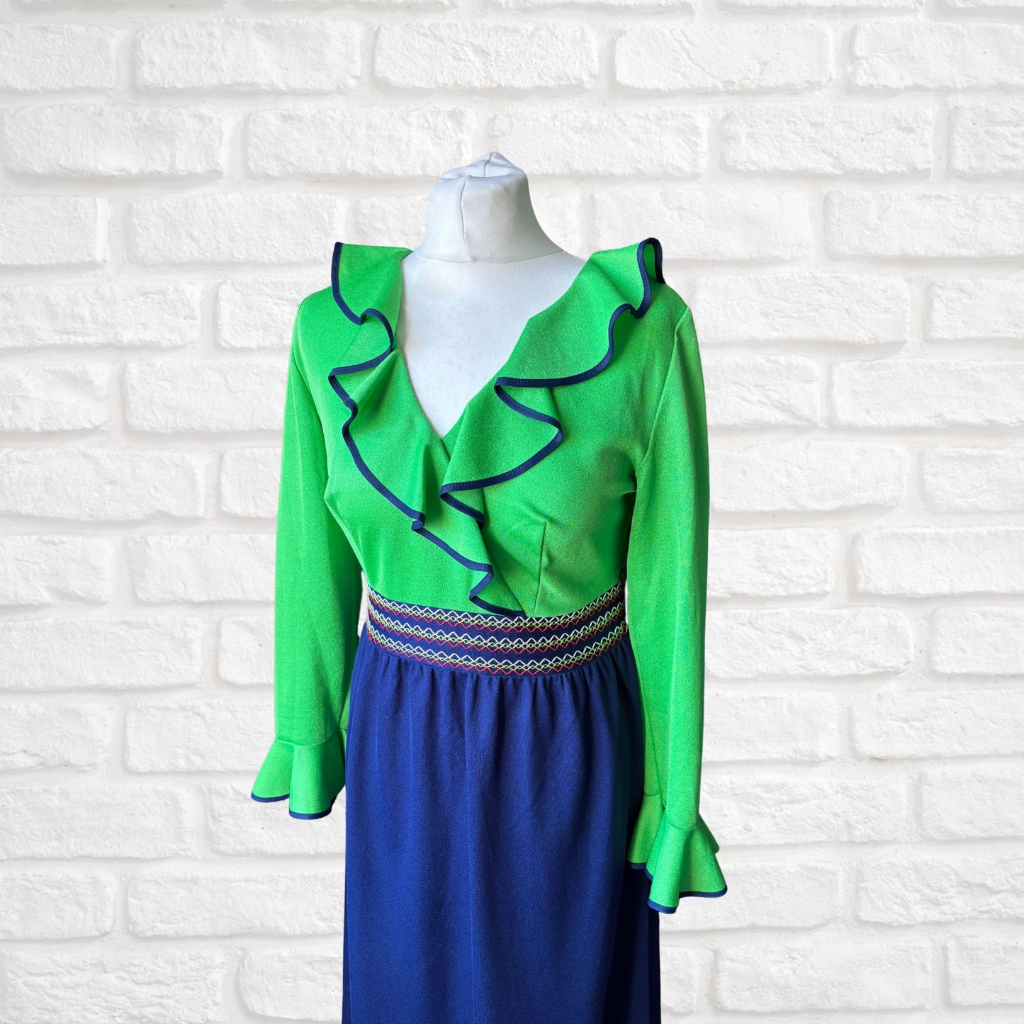 Stunning 1970s Vintage St. Michael Maxi Dress. Green & Navy Blue with Ruffle Bodice. Approx UK size 10