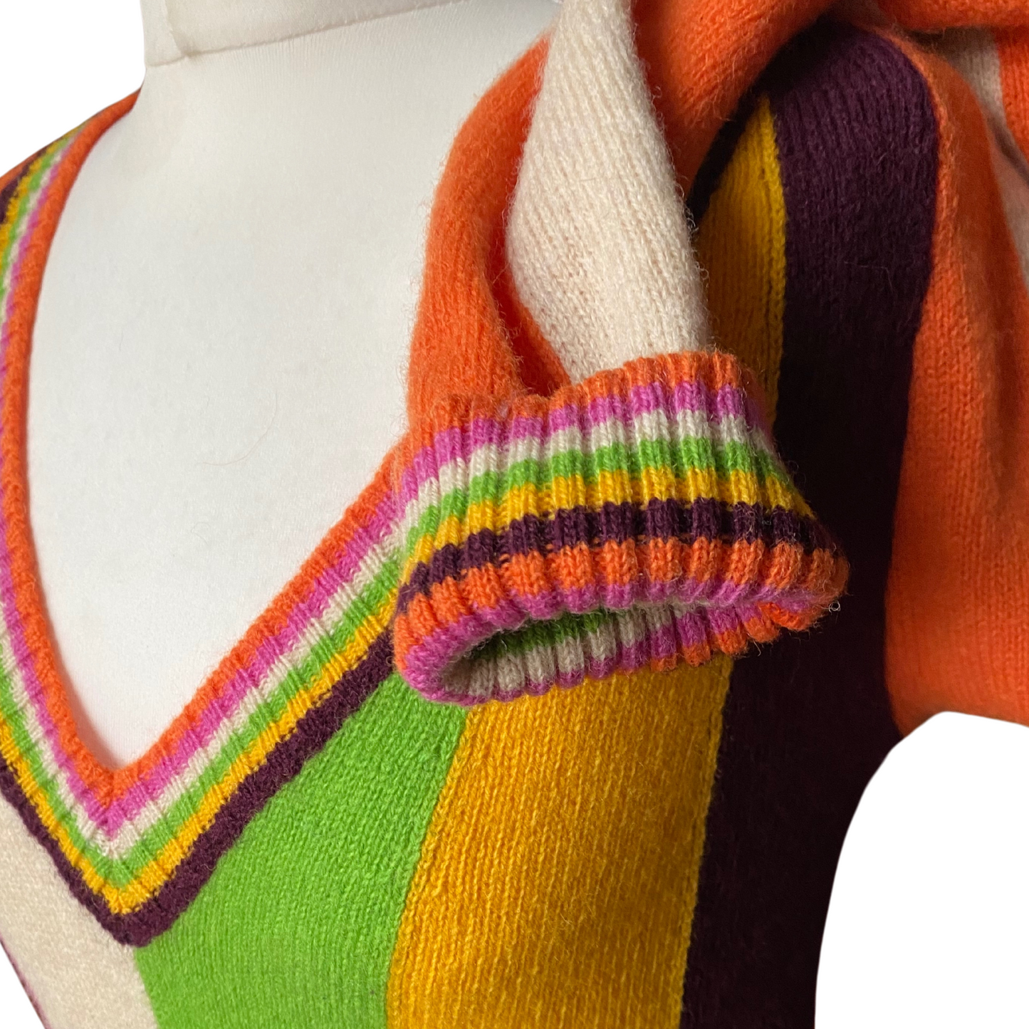 Vintage Italian Wool Multi Coloured Stripe V Neck Jumper.Approx UK size 8-10