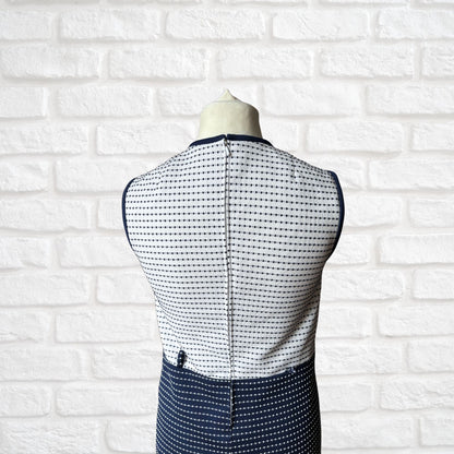 1960s Mod Style Navy Blue & White Sleeveless Vintage Scooter Dress. Approx UK size 10-12