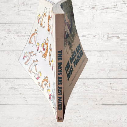 Open book with cartoon characters on a wooden surface