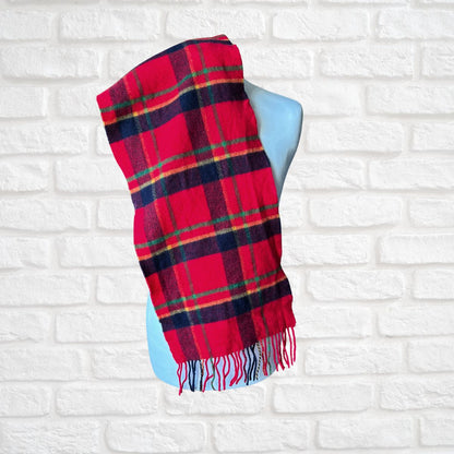 Bright Red Plaid Italian Vintage Wool Scarf with Fringing. Great Gift Idea