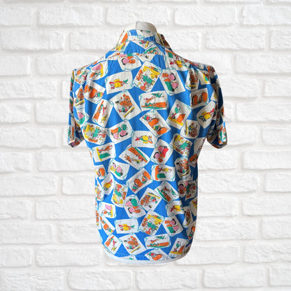 70s Blue Cartoon Novelty Print Vintage Cotton Shirt. Approx UK size M (men) 14-16( women )