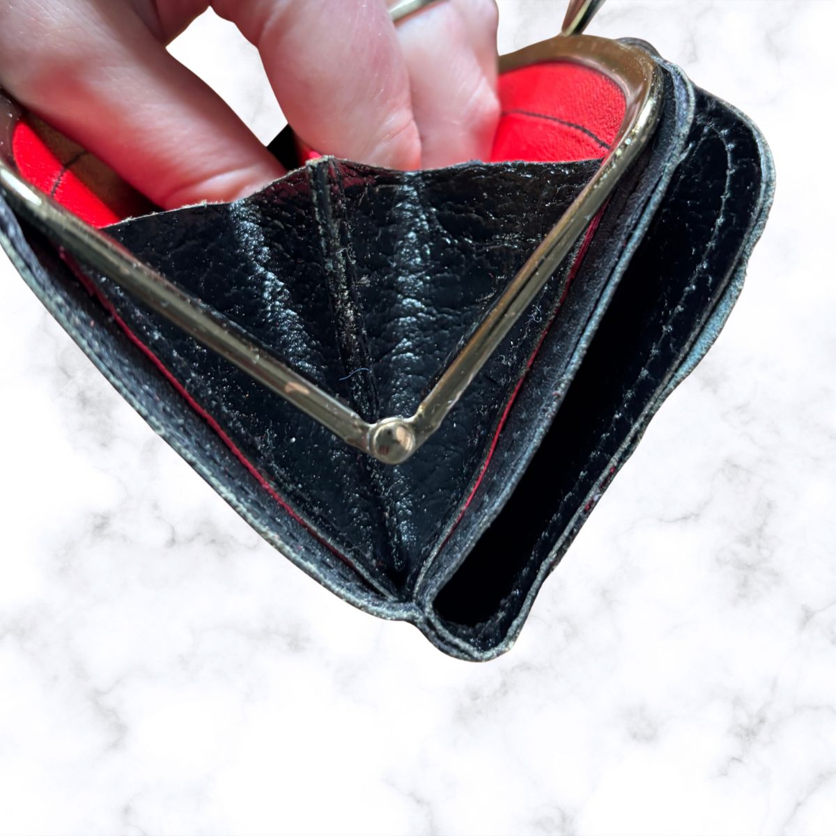 Vintage Textured Black Leather Clasp Top Purse/Wallet with Red Tartan Insert  - Stylish and Practical