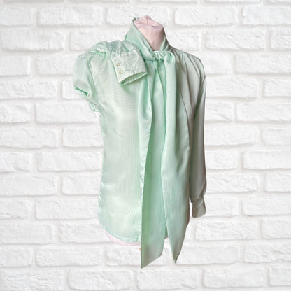 Pale Green Silky 80s Vintage Secretary Blouse with Tie Detail. Approx UK size 8-10
