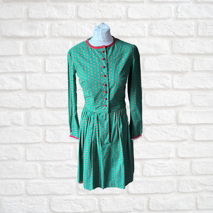 Vintage Green and Red Cotton Dirndl Dress with long lace trimmed sleeves. Approx UK size 8-10