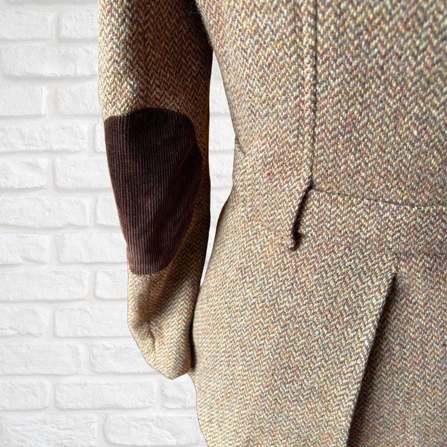 Vintage 70s Wool Tweed Belted Riding Jacket with Corduroy Elbow Patches. Approx UK size 8-10