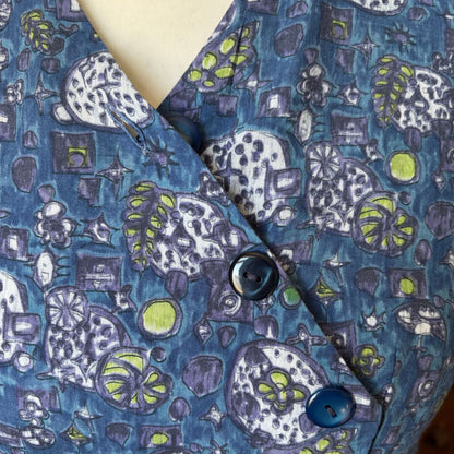 1950s French Vintage Blue Cotton Abstract Print Dress. Approx UK 12/ small 14