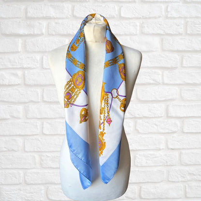 Stylish Blue, White, Gold and Pink Heraldic Style Large Square Vintage Scarf. Great Gift idea