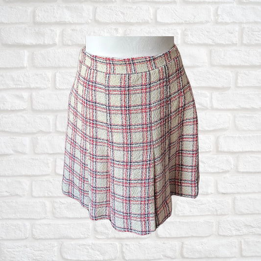 Vintage Cream, Red & Blue Tartan Mini Skater Skirt with Front Pleats. Approx UK size 8-10