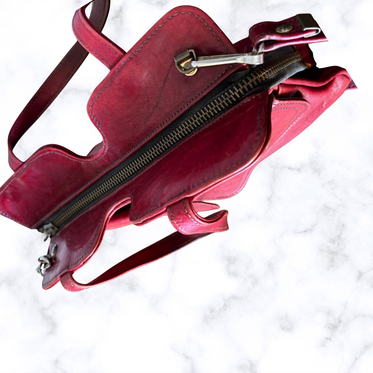 70s Dark Red Leather Vintage Shoulder / Top Handle Bag with Detachable Strap