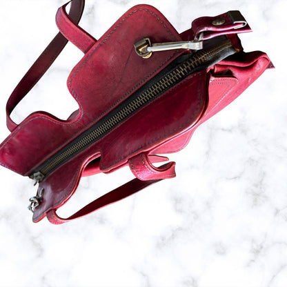 70s Dark Red Leather Vintage Shoulder / Top Handle Bag with Detachable Strap