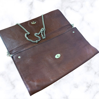 Vintage Brown Leather Envelope Bag with Detachable Chain Strap. The Cambridge Bag