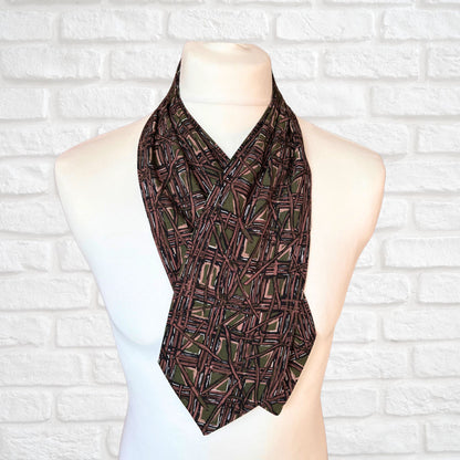 60s Mod Style Green, Brown and White Abstract Print Vintage Cravat