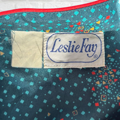 70s Vintage Teal Prairie Midi Dress with Red and Yellow Geometric by Leslie Fay. Approx UK size 14-16