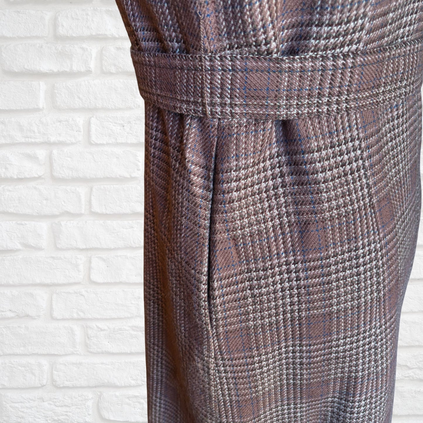 Vintage Wool Blend Trench Coat - Brown, Blue & White Checked Pattern with Matching Belt . Approx UK size 8-10