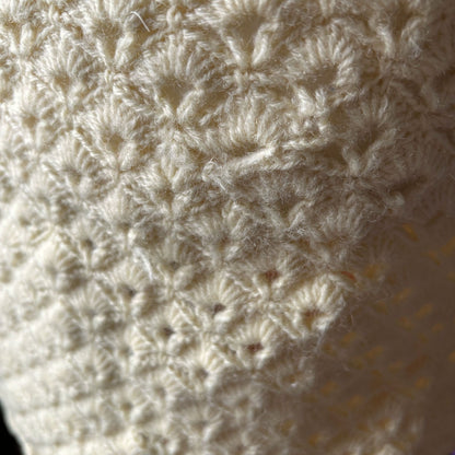 Vintage 60s Cream Crochet Mini Dress with Velvet Ribbon Detailing. Approx U.K. size 6-8