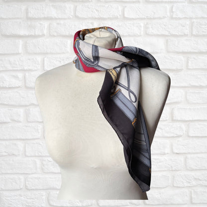Black, White, Grey, Gold and Red Equestrian Style Square Vintage Scarf by Gim Renoir. Great Gift Idea