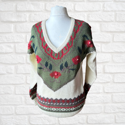 Vintage 80s Textured Floral and Nordic Print V Neck Jumper .Approx UK size 14-16