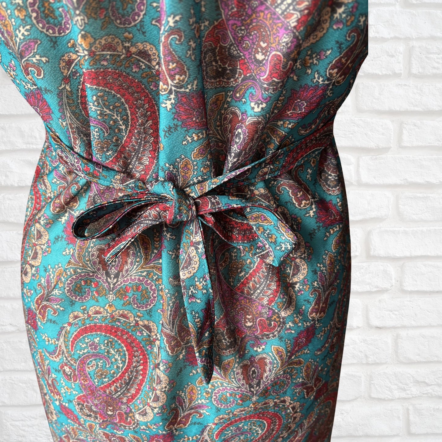 Vintage 70s Teal & Purple Paisley A-Line Mini Dress with Matching Belt. Approx UK size 14