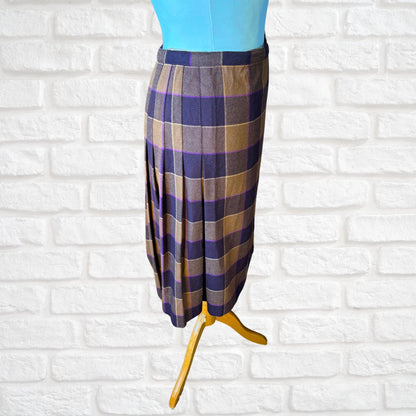 Vintage Brown,Gold & Purple Tartan Wool Kilt Skirt. Approx UK size 10-12