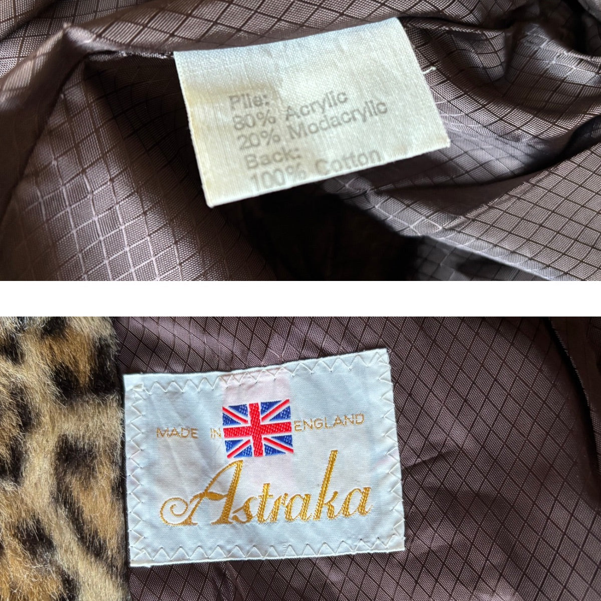Vintage 1970s Leopard Print Astraka Faux Fur Coat – Made in England. Approx UK size 10-12