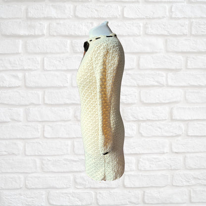 Vintage 60s Cream Crochet Mini Dress with Velvet Ribbon Detailing. Approx U.K. size 6-8