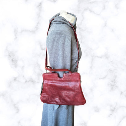 70s Dark Red Leather Vintage Shoulder / Top Handle Bag with Detachable Strap