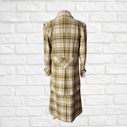 Vintage 1990s Gold and Grey Checked Maxi Length Wool Coat. Approx UK size 16-18 (w) Large (m)