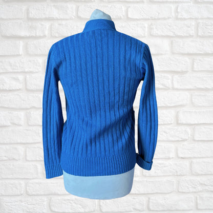 70s Blue Ribbed V neck Vintage Cardigan.  Approx UK size 8-10