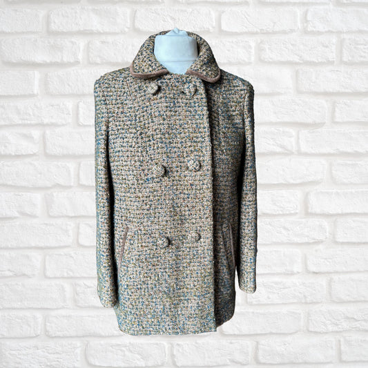 Vintage 60s Teal Green and Brown Wool Boucle Jacket with Velvet Trim. Approx UK size 14-16