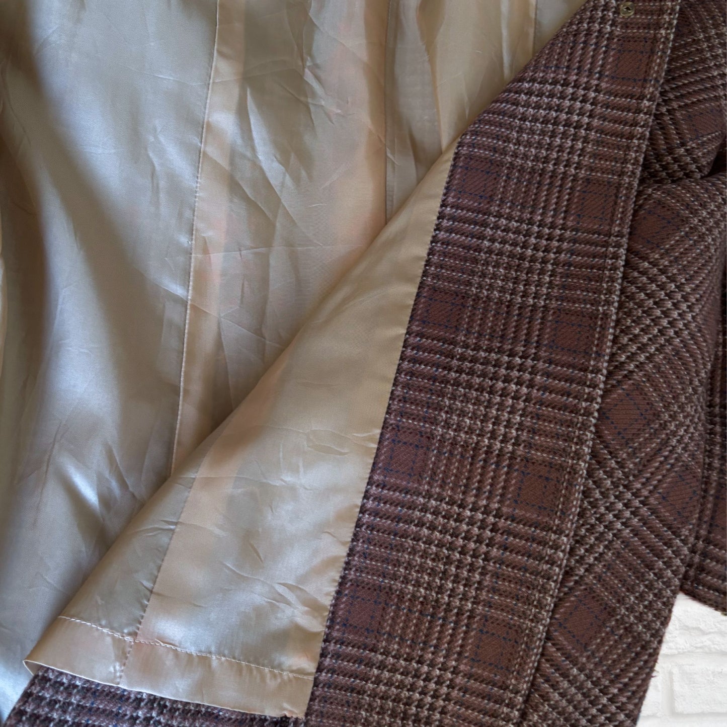 Vintage Wool Blend Trench Coat - Brown, Blue & White Checked Pattern with Matching Belt . Approx UK size 8-10