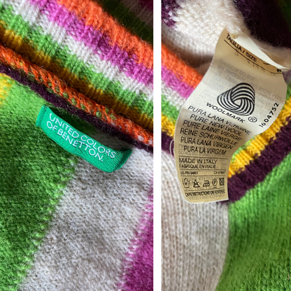 Vintage Italian Wool Multi Coloured Stripe V Neck Jumper.Approx UK size 8-10