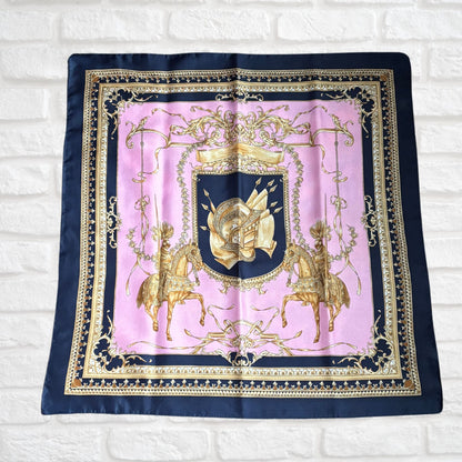 Pink, Navy Blue and Gold Heraldic Style Large Square Vintage Scarf. Great Gift idea
