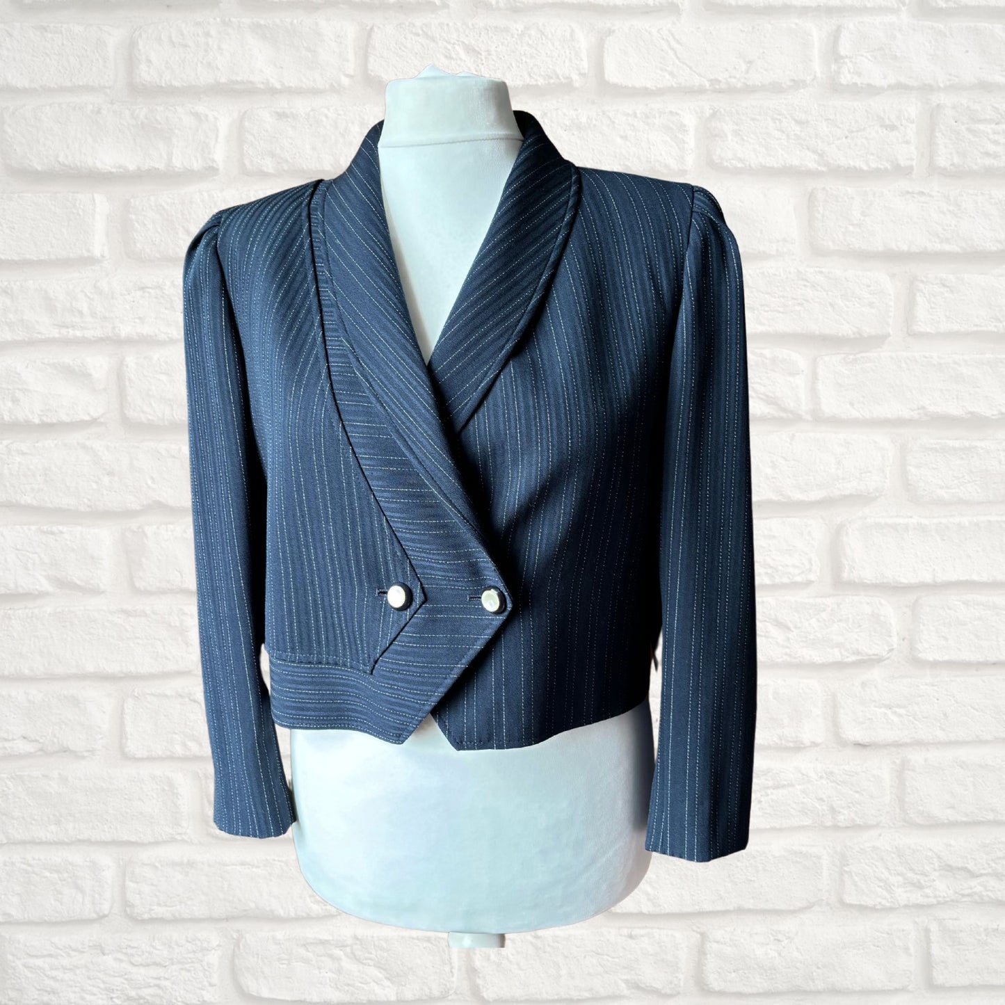 Vintage Navy Blue and White Cropped Pinstriped Long Sleeved Jacket. .Approx UK size 12-14