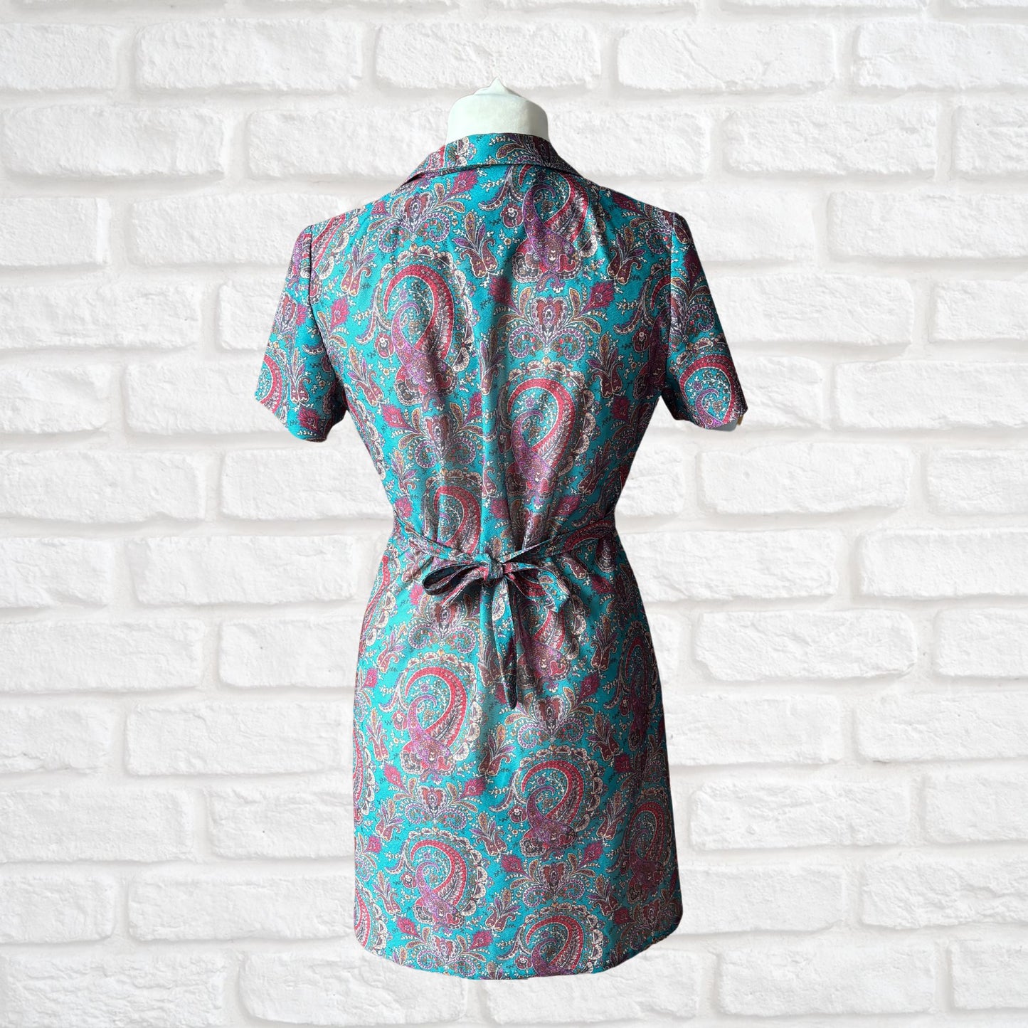 Vintage 70s Teal & Purple Paisley A-Line Mini Dress with Matching Belt. Approx UK size 14