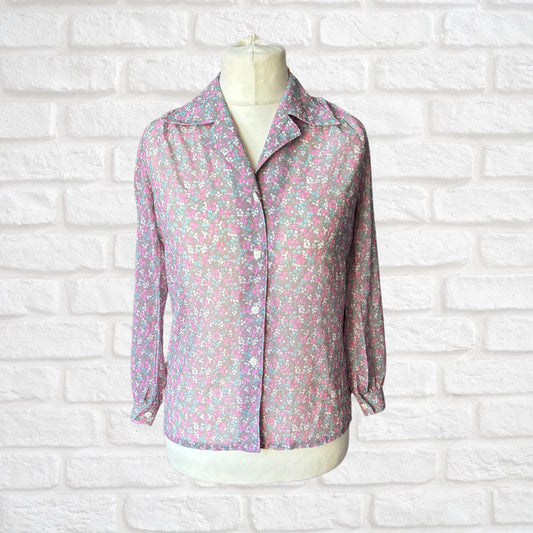 70s Semi-Sheer Ditsy Floral Vintage Blouse with Pearlised Buttons.Approx UK size 12-14