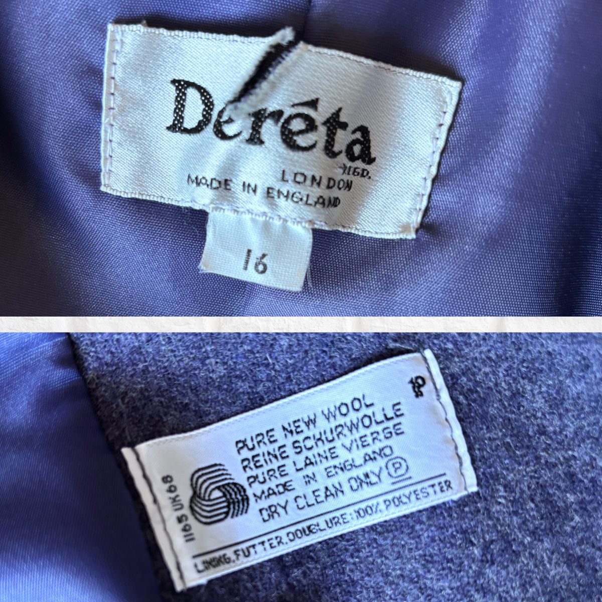 Two labels on a purple fabric, one with 'Deréta' branding and the other with product details.
