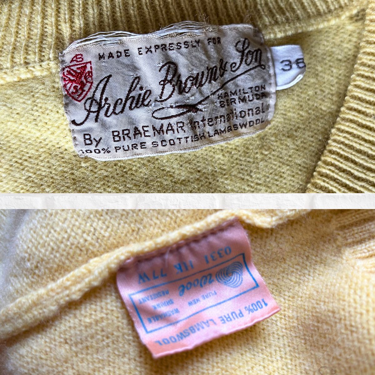 Close-up of vintage clothing labels on a textured fabric background