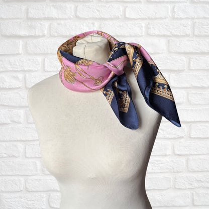 Pink, Navy Blue and Gold Heraldic Style Large Square Vintage Scarf. Great Gift idea