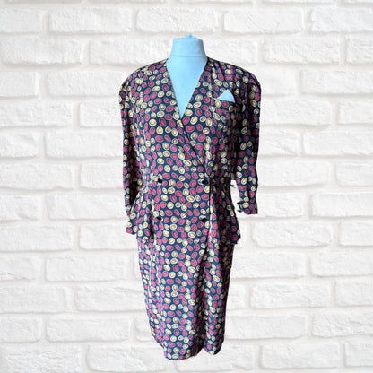 Vintage 80s Black Peplum Dress with Red & Gold Lozenge Print by Liz Roberts. Approx UK Size 16-18