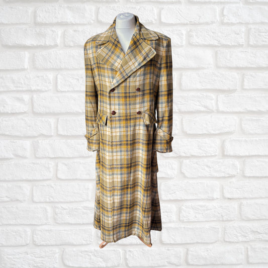 Vintage 1990s Gold and Grey Checked Maxi Length Wool Coat. Approx UK size 16-18 (w) Large (m)