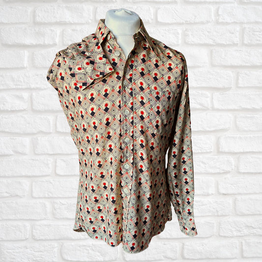 70s Geometric and Floral Print Long Sleeved Vintage Shirt. Approx UK size M (men) 14-16 women)
